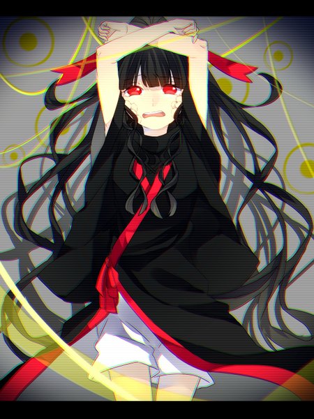Anime picture 1050x1400 with kagerou project shaft (studio) azami (kagerou project) hukikojyakku single long hair tall image looking at viewer fringe open mouth black hair red eyes very long hair arms up letterboxed crossed arms girl ribbon (ribbons) hair ribbon