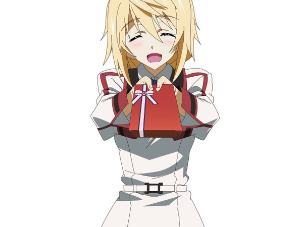 Anime picture 2560x1920 with infinite stratos 8bit charles dunois single long hair blush highres open mouth simple background blonde hair white background eyes closed girl uniform school uniform gift