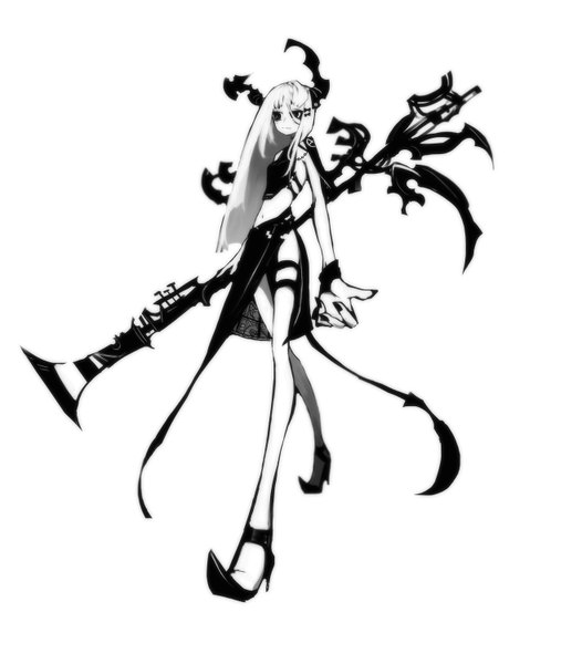 Anime picture 1314x1500 with original kiku (kicdoc) single long hair tall image looking away white hair horn (horns) fingernails black eyes high heels monochrome walking girl skirt navel hair ornament weapon bracelet armor