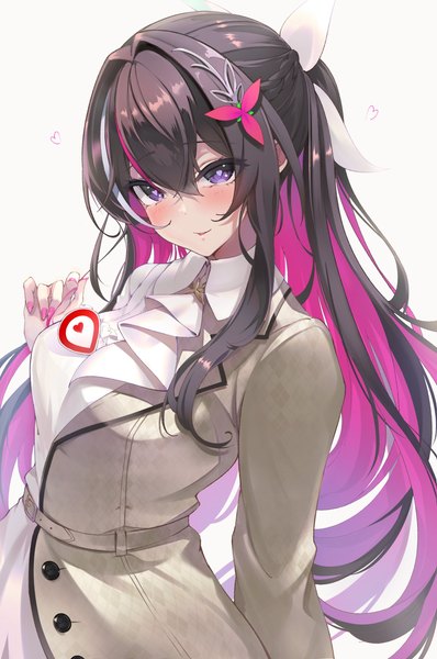Anime picture 1811x2729 with virtual youtuber hololive geoguessr azki (hololive) azki (4th costume) (hololive) omoti (1201208) single long hair tall image looking at viewer fringe highres black hair simple background smile hair between eyes white background purple eyes pink hair nail polish