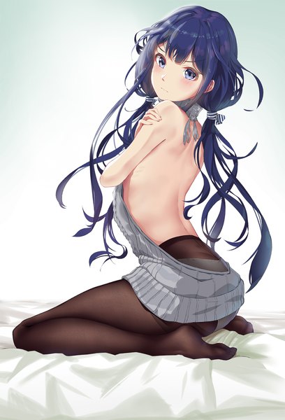 Anime picture 1500x2205 with masamune-kun no revenge silver link adagaki aki gh (chen ghh) single long hair tall image blush fringe blue eyes light erotic simple background white background sitting twintails bare shoulders blue hair looking away full body no bra