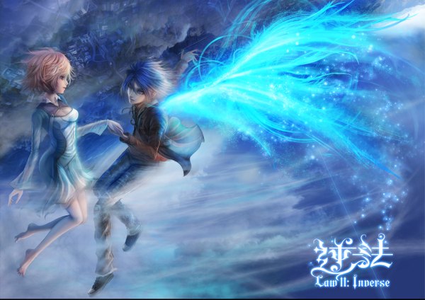 Anime picture 4961x3513 with original fufu highres short hair blue eyes blonde hair blue hair absurdres cloud (clouds) barefoot couple holding hands flying girl dress boy wings