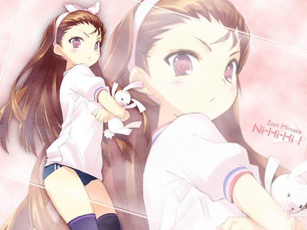 Anime picture 1600x1200 with idolmaster minase iori long hair light erotic brown hair wide image holding lolicon thighhighs animal t-shirt bunny buruma