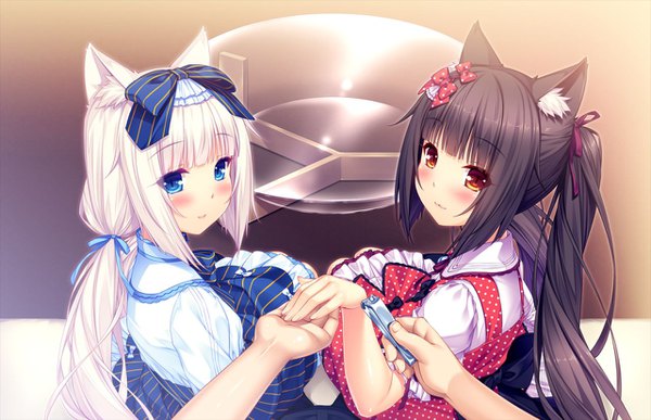 Anime picture 1280x826 with neko paradise neko works (studio) vanilla (nekopara) chocola (nekopara) sayori long hair looking at viewer blush fringe blue eyes smile brown hair twintails multiple girls brown eyes animal ears payot game cg white hair tail