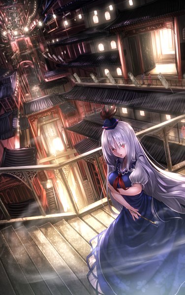 Anime picture 900x1435 with touhou kamishirasawa keine ryosios single long hair tall image looking at viewer red eyes silver hair evening smoke scenic girl dress hat stairs fence pipe japanese house kiseru