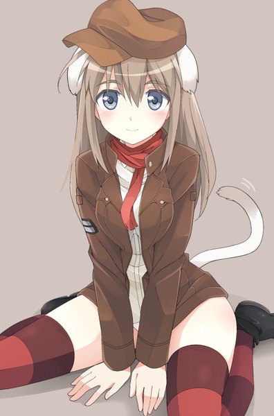 Anime picture 660x1000 with strike witches wilma bishop mobu single long hair tall image looking at viewer blush breasts blue eyes light erotic simple background brown hair sitting animal ears tail animal tail cat ears cat tail wariza