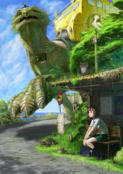 Anime picture 2085x2953 with original teru sakura tall image highres short hair brown hair overgrown giant animal waiting girl skirt plant (plants) animal bird (birds) school bag ground vehicle bench road turtle bus stop