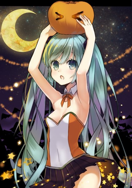 Anime picture 1191x1684 with vocaloid hatsune miku tika (mika4975) single long hair tall image looking at viewer blush open mouth light erotic twintails pleated skirt aqua eyes aqua hair arms up halloween crescent > < girl skirt
