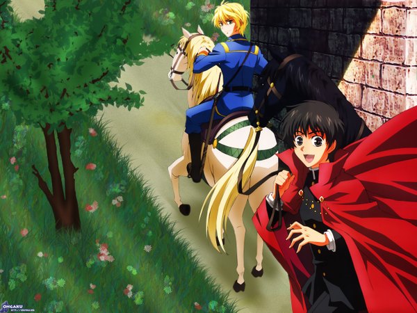 Anime picture 1280x960 with kyou kara maou studio deen shibuya yuri wolfram von bielefeld couple boy rose (roses) coat horse