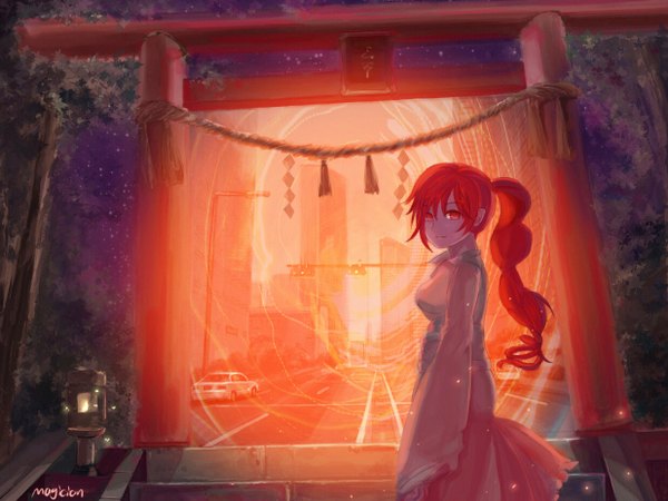 Anime picture 1236x928 with touhou okazaki yumemi magician (china) single breasts smile red eyes signed ponytail red hair braid (braids) traditional clothes japanese clothes realistic city single braid glowing cityscape glow girl