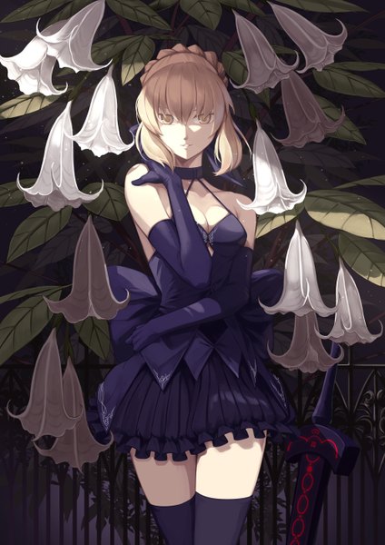 Anime picture 1000x1414 with fate (series) fate/stay night artoria pendragon (all) saber saber alter jh single tall image looking at viewer short hair blonde hair yellow eyes girl thighhighs dress gloves flower (flowers) weapon black thighhighs sword