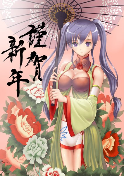 Anime picture 2480x3507 with original xiao lian single long hair tall image looking at viewer highres purple eyes twintails blue hair girl dress flower (flowers) detached sleeves petals umbrella oriental umbrella