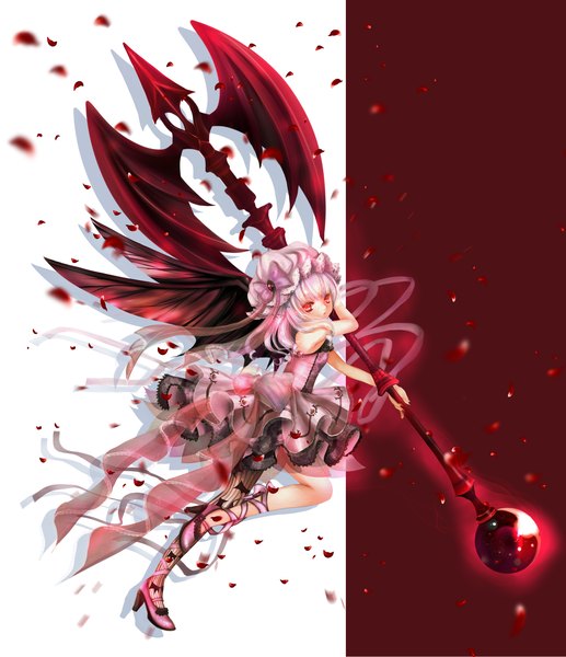 Anime picture 2000x2318 with touhou remilia scarlet himemurasaki single tall image highres short hair red eyes white hair girl dress ribbon (ribbons) weapon petals wings bonnet spear the gungnir