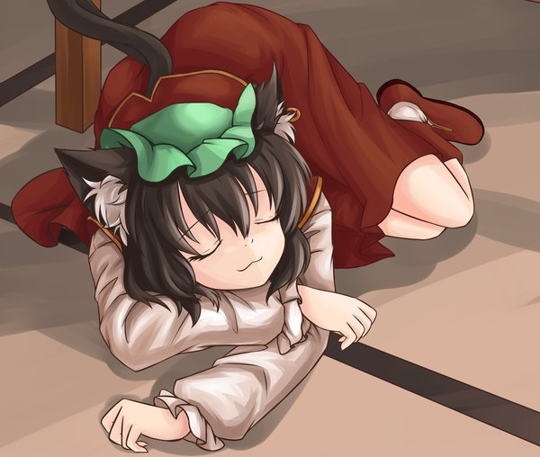 Anime picture 2362x2001 with touhou chen nanairo single fringe highres short hair hair between eyes brown hair animal ears full body bent knee (knees) tail lying eyes closed animal tail from above cat ears cat tail piercing