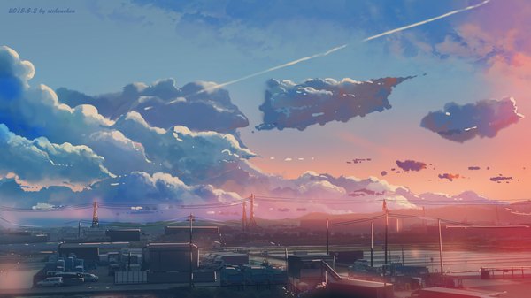 Anime picture 4755x2675 with original xi chen chen highres wide image signed absurdres cloud (clouds) sunlight city cityscape no people sunrise building (buildings) ground vehicle car power lines