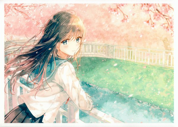 Anime picture 3476x2478 with original hiten (hitenkei) single long hair blush fringe highres blue eyes smile hair between eyes brown hair absurdres upper body outdoors looking back wind from behind scan cherry blossoms turning head