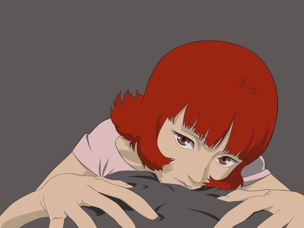 Anime picture 1600x1200 with paprika madhouse paprika (character) single looking at viewer fringe short hair simple background red eyes red hair grey background wallpaper portrait girl