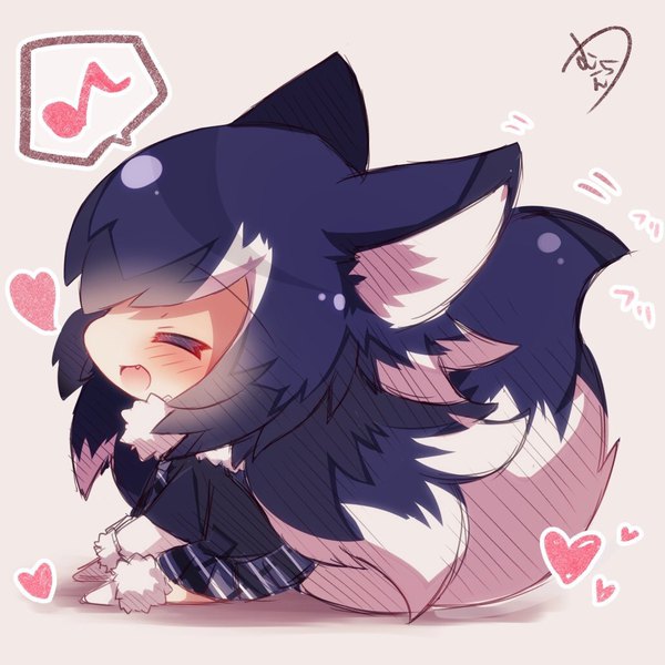 Anime picture 1032x1032 with kemono friends grey wolf (kemono friends) muuran single long hair blush fringe open mouth simple background smile sitting signed animal ears blue hair full body white hair tail eyes closed :d animal tail