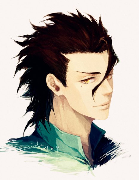 Anime picture 1251x1600 with fate (series) fate/zero type-moon diarmuid ua duibhne (lancer) (fate) parcivale single tall image looking at viewer short hair simple background brown hair white background signed yellow eyes mole mole under eye portrait boy
