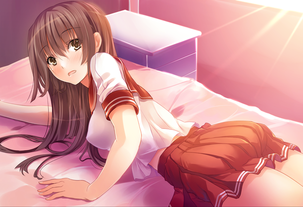 Anime picture 1800x1235 with original matsukawa (pale scarlet) single long hair highres brown hair brown eyes looking back girl skirt uniform school uniform miniskirt serafuku