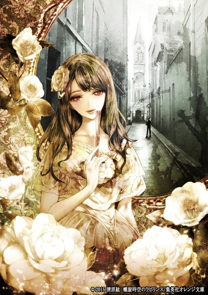 Anime picture 566x800 with original kiyohara hiro long hair tall image fringe smile brown hair standing brown eyes hair flower framed hands in pockets street girl dress boy hair ornament flower (flowers) white dress rose (roses)