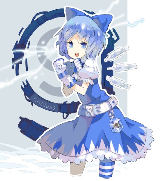 Anime picture 1830x2023 with touhou cirno pyonta 77gl single tall image highres short hair open mouth blue eyes blue hair girl dress gloves bow hair bow wings