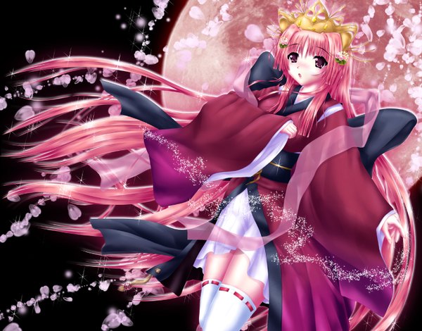 Anime picture 1377x1080 with vocaloid megurine luka nohoho (kakikonchi) single long hair open mouth pink hair traditional clothes japanese clothes pink eyes red moon girl thighhighs hair ornament petals white thighhighs obi