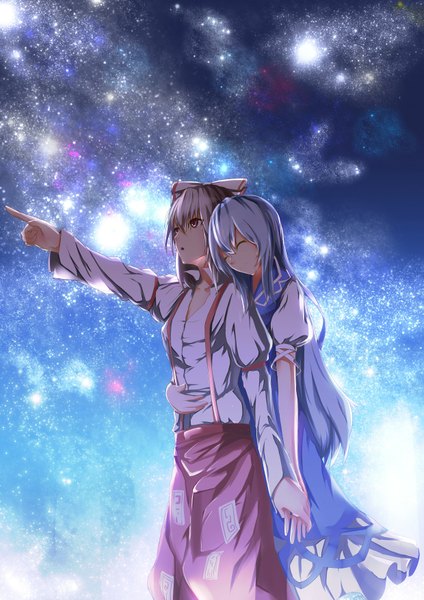 Anime picture 1240x1754 with touhou fujiwara no mokou kamishirasawa keine three k (spiritus no honoo) long hair tall image red eyes multiple girls white hair eyes closed pointing girl dress bow 2 girls hair bow shirt star (stars)