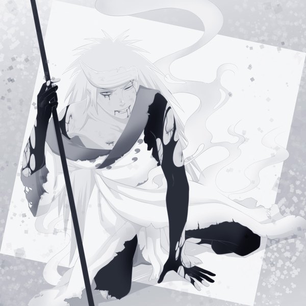 Anime picture 949x949 with naruto studio pierrot naruto (series) uchiha madara god66666666 e (minasanganba) single long hair looking at viewer smile holding one eye closed from above arm support kneeling torn clothes monochrome injury rinnegan cuts