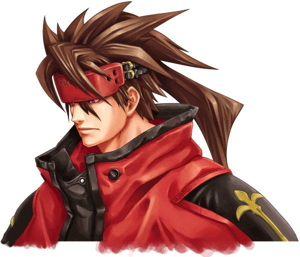 Anime picture 1280x1100 with guilty gear overture guilty gear sol badguy single long hair simple background red eyes brown hair white background upper body boy bandana