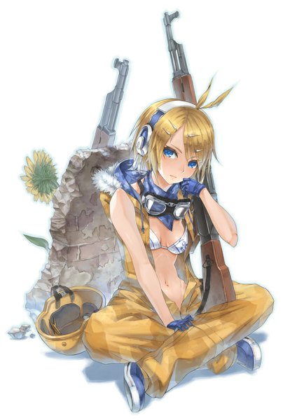 Anime picture 707x1000 with vocaloid kagamine rin 2d (artist) single tall image looking at viewer short hair blue eyes light erotic simple background blonde hair white background sitting ahoge indian style weapon over shoulder girl gloves navel hair ornament