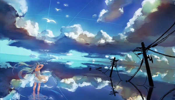 Anime picture 1920x1095 with vocaloid hatsune miku yaozhiligenius single highres wide image twintails sky cloud (clouds) very long hair from behind aqua hair partially submerged reflection hand on head girl dress hair ornament animal water