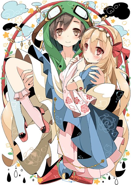 Anime picture 708x1000 with kagerou project shaft (studio) mary (kagerou project) seto kousuke chitetan long hair tall image looking at viewer blush short hair blonde hair smile red eyes brown hair brown eyes cloud (clouds) couple carrying princess carry girl