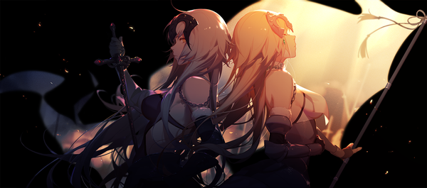 Anime picture 1500x663 with fate (series) fate/grand order fate/apocrypha jeanne d'arc (fate) (all) jeanne d'arc alter (fate) jeanne d'arc (fate) jeanne d'arc alter (avenger) (third ascension) (fate) ask (askzy) long hair light erotic blonde hair wide image bare shoulders multiple girls yellow eyes looking away upper body ahoge eyes closed profile