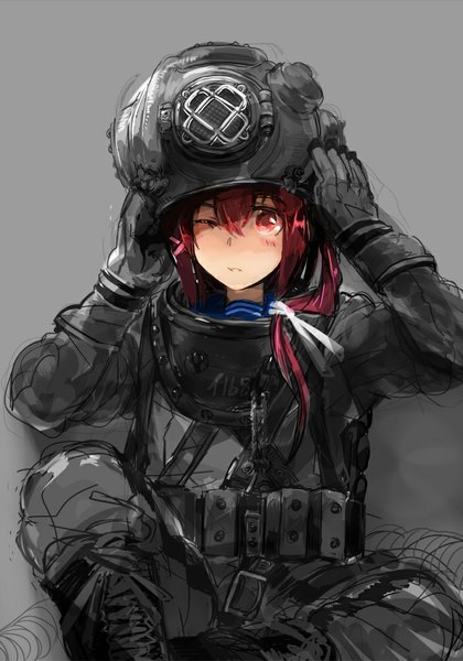 Anime picture 700x1000 with kantai collection i-168 submarine cus-tom single long hair tall image blush simple background red eyes looking away red hair one eye closed wink girl suit helmet