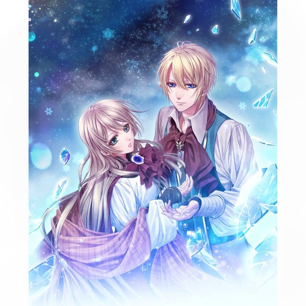 Anime picture 1500x1500 with snow bound land kai (snow bound land) gerda (snow bound land) long hair looking at viewer fringe short hair blue eyes blonde hair very long hair scan couple snowing winter girl boy flower (flowers) shirt jewelry vest