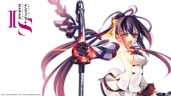 Anime picture 1920x1080 with infinite stratos 8bit shinonono houki choco single long hair looking at viewer highres open mouth simple background wide image white background purple eyes purple hair ponytail girl uniform weapon school uniform sword