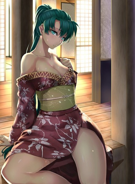 Anime picture 809x1100 with fire emblem fire emblem: the blazing blade nintendo lyndis (fire emblem) shinon (tokage shuryou) single long hair tall image looking at viewer blush breasts light erotic smile sitting bare shoulders green eyes cleavage ponytail traditional clothes japanese clothes