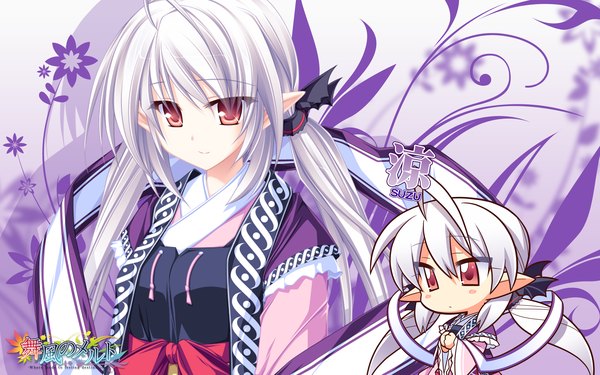 Anime picture 2560x1600 with maikaze no melt suzu (suzukaze no melt) tenmaso long hair highres red eyes wide image twintails game cg white hair pointy ears girl