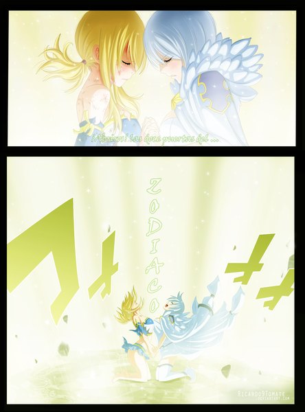 Anime picture 2000x2699 with fairy tail lucy heartfilia yukino aguria ric9duran long hair tall image highres short hair blonde hair multiple girls silver hair eyes closed profile inscription kneeling coloring torn clothes magic holding hands face to face