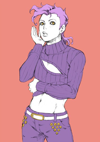 Anime picture 566x800 with jojo no kimyou na bouken vinegar doppio chounorin single tall image short hair simple background yellow eyes purple hair bare belly pink background freckles boy navel belt turtleneck open-chest turtleneck