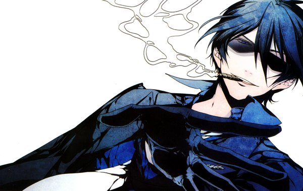 Anime picture 4407x2789 with satou tosio single highres short hair blue eyes smile blue hair absurdres smoke smoking boy gloves cloak sunglasses cigarette