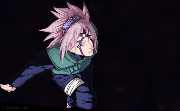 Anime picture 2800x1733 with naruto studio pierrot naruto (series) haruno sakura wershe single highres short hair wide image green eyes pink hair from above tattoo coloring facial mark dark background angry clenched teeth girl vest