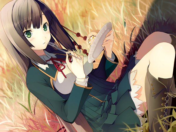 Anime picture 1024x768 with koi to senkyo to chocolate shinonome satsuki akinashi yuu long hair black hair green eyes game cg girl serafuku