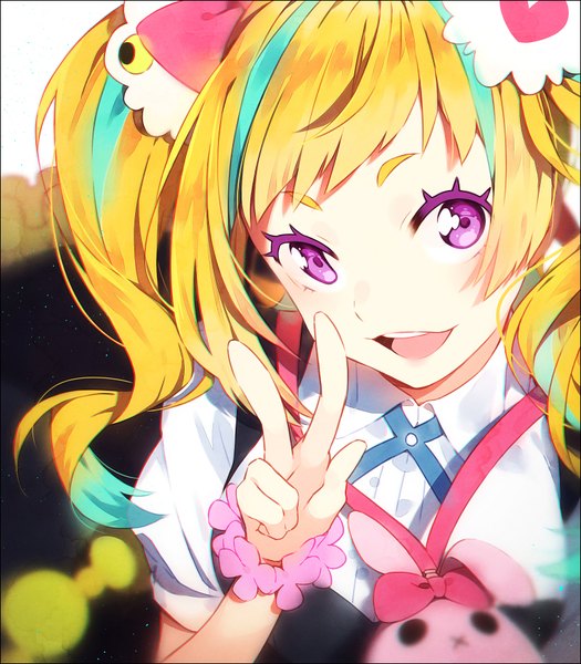 Anime picture 800x914 with kiznaiver studio trigger niiyama nico hakusai (tiahszld) single long hair tall image fringe open mouth blonde hair purple eyes twintails looking away multicolored hair two-tone hair streaked hair portrait victory eyebrows wrist scrunchie