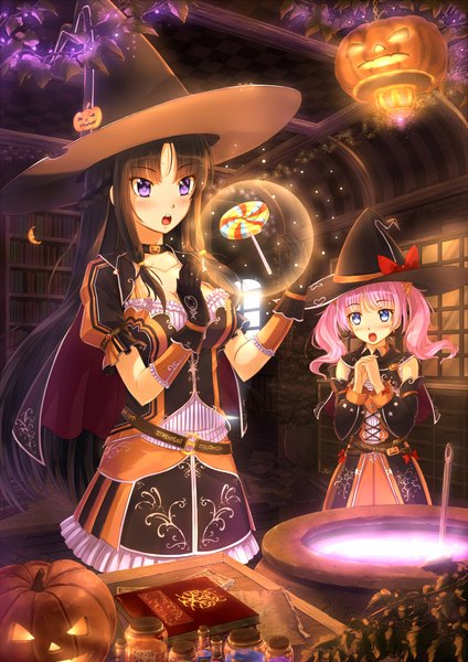 Anime picture 1446x2046 with original kazeno long hair tall image looking at viewer blush open mouth black hair purple eyes twintails multiple girls pink hair halloween witch girl dress bow 2 girls detached sleeves witch hat