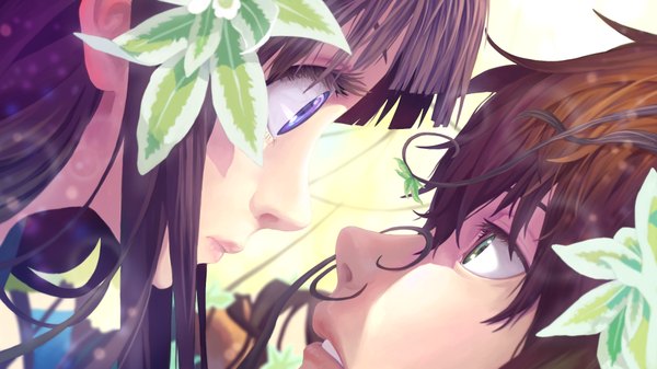 Anime picture 2132x1200 with hyouka kyoto animation chitanda eru oreki houtarou w.t long hair highres short hair blue eyes black hair brown hair wide image green eyes profile girl boy flower (flowers) plant (plants)