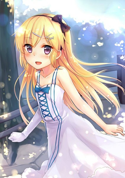 Anime picture 620x877 with naka no hito nado inai! amatamo louis ks single long hair tall image looking at viewer blush breasts blonde hair purple eyes flat chest girl gloves hair ornament plant (plants) tree (trees) white gloves hairband hairclip