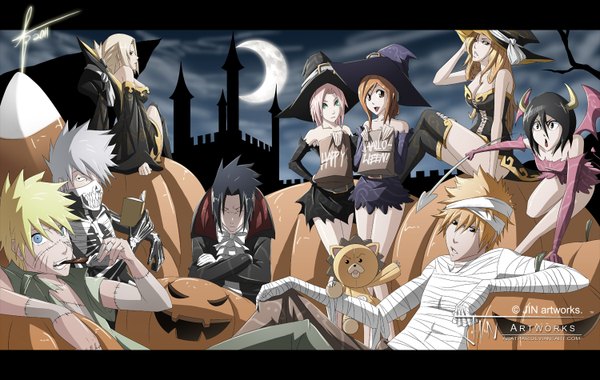 Anime picture 1500x950 with naruto bleach studio pierrot naruto (series) uzumaki naruto kurosaki ichigo uchiha sasuke haruno sakura kuchiki rukia inoue orihime hatake kakashi kon jinbae long hair blue eyes black hair blonde hair multiple girls pink hair horn (horns)