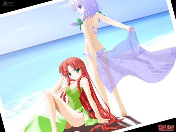 Anime picture 1600x1200 with touhou izayoi sakuya hong meiling long hair blue eyes sitting multiple girls green eyes purple hair red hair beach girl 2 girls swimsuit sea